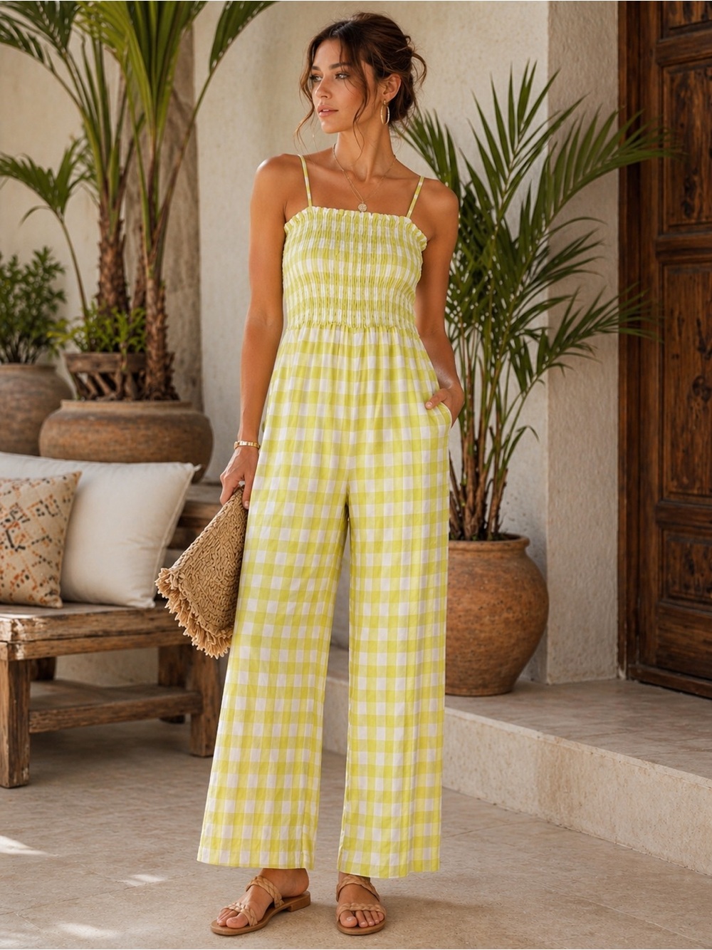 House of Harlow 1960 x REVOLVE Linen‎ Blend Gingham Jumpsuit XS MSRP $228